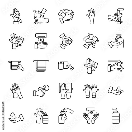 hand dryer and hand hygiene icon set, line style