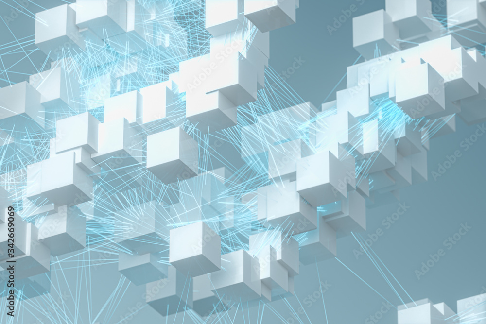 Fototapeta premium Abstract white cubes with blue glowing lines, 3d rendering.