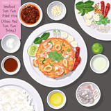 Top view of Thai food, seafood Tom Yum fried rice (Khao Pad Tom Yum Talay).