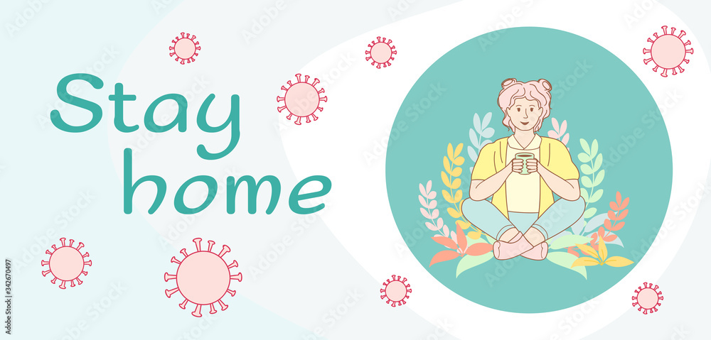 Girl sits in a meditation pose. Against Coronavirus Covid 19 virus in air. Save the health, stay home. Coronavirus prevention concept. Vector illustration