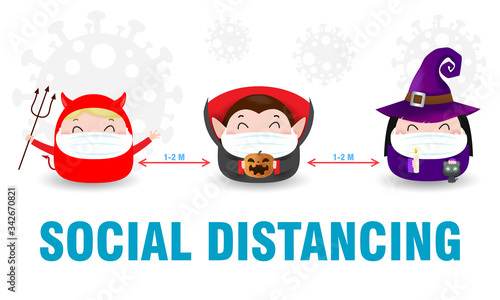 coronavirus prevention, COVID-19 and Social Distancing with Happy Halloween,  dracula and witch and red devil keeping distance for infection risk and disease, wearing surgical protective Medical mask