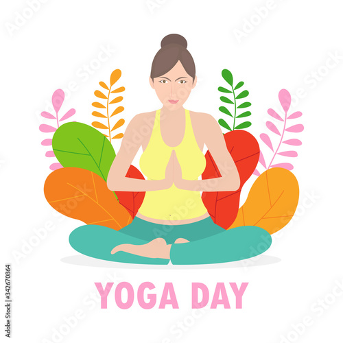 Happy international yoga day with woman doing asana isolated on white background. 21 june- yoga body posture, Woman practicing yoga.vector illustration