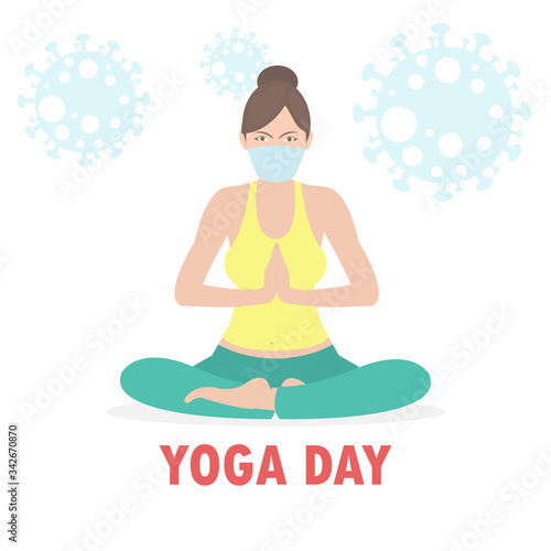 Happy international yoga day with woman doing asana and wearing medical masks to prevent disease coronavirus (2019-nCoV) COVID-19 isolated on white background. 21 june- yoga body posture, vector.