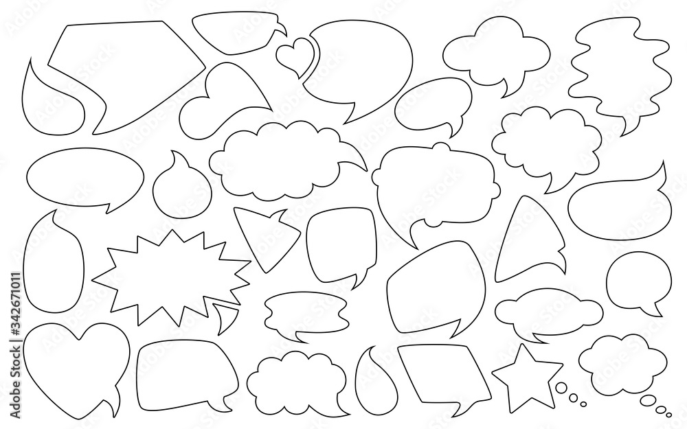 Fototapeta premium Outline speech bubble silhouette set. Black line empty comic design elements dialog white clouds icon. Speech thought blobs comics book, balloon chat banner, page template. Contour vector illustration