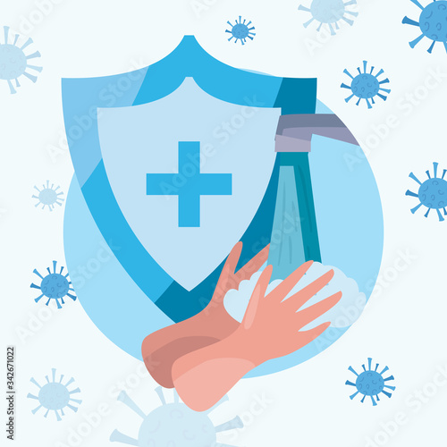 Hands washing water tap and coronavirus bacterium vector design