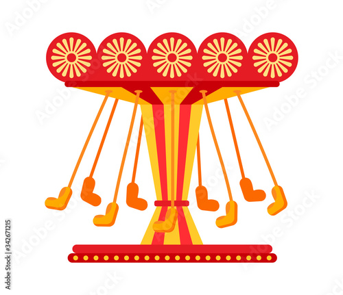 Swinging carousel seats on chains flat, amusement park. Colorful childrens carousel ride, swing cartoon. Attraction swinging ride, fairground carousel. Festivals summer kid time. illustration vector
