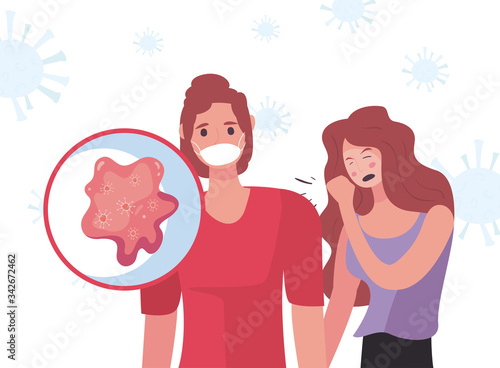 Man with mask woman coughing and coronavirus bacterium vector design
