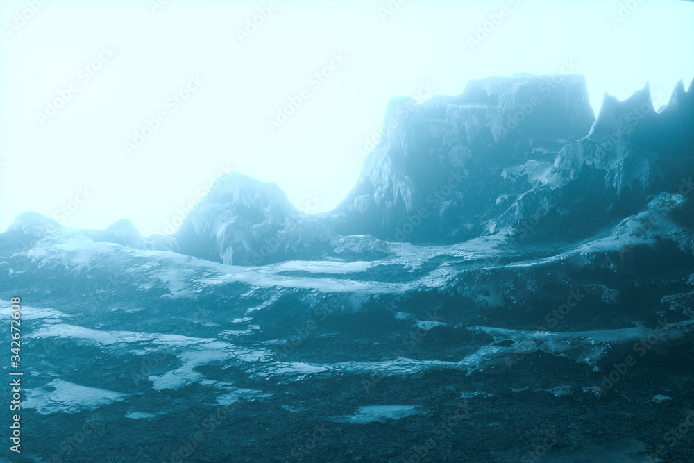 Mountain landscape tops covered with snow at night, 3d rendering.