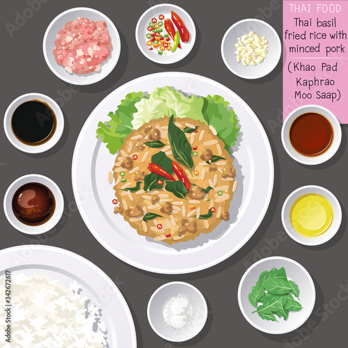 Top view of Thai food, Thai basil fried rice with minced pork (Khao Pad Kaphrao Moo Saap).