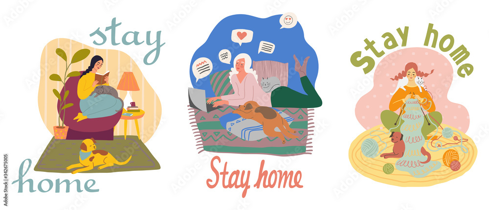 Cute girl spending at home. Stay home, quarantine concept. Flat illustration