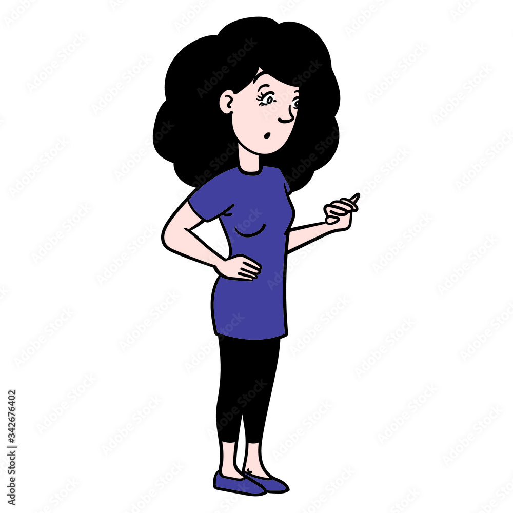 woman looks down in surprise. whole body, emotions, cartoon, illustration, cartoon, feelings. woman looks down in surprise. whole body, emotions, cartoon, illustration, cartoon, feelings.