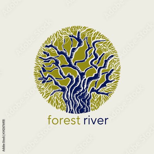 Concept emblem with tropical ricers and trees