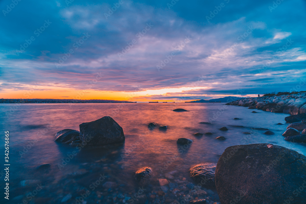 rocks beach with beautiful sunset sky backgrounds