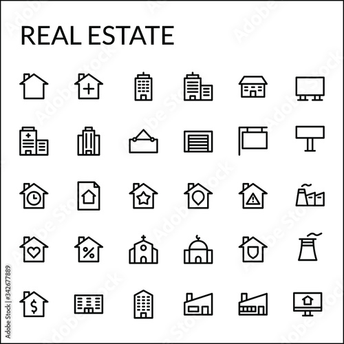 Simple Real Estate Icon Set With Line Style Contain Such Icon as Home, Building, Office, Sign, Industry, Factory, Church, Mosque, Garage, and more. 48 X 48 Pixel Perfect