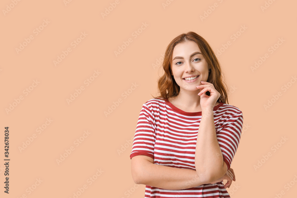 Young woman with healthy teeth on color background Young woman with healthy teeth on color background