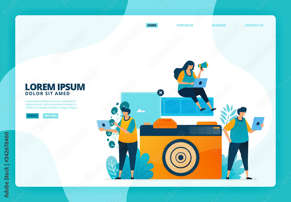 Obraz premium Cartoon illustration of analog cameras and films. Vector design for landing page website web banner mobile apps poster