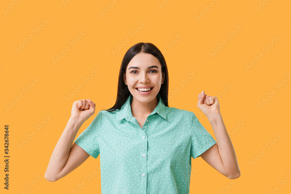 Happy woman with healthy teeth on color background Happy woman with healthy teeth on color background
