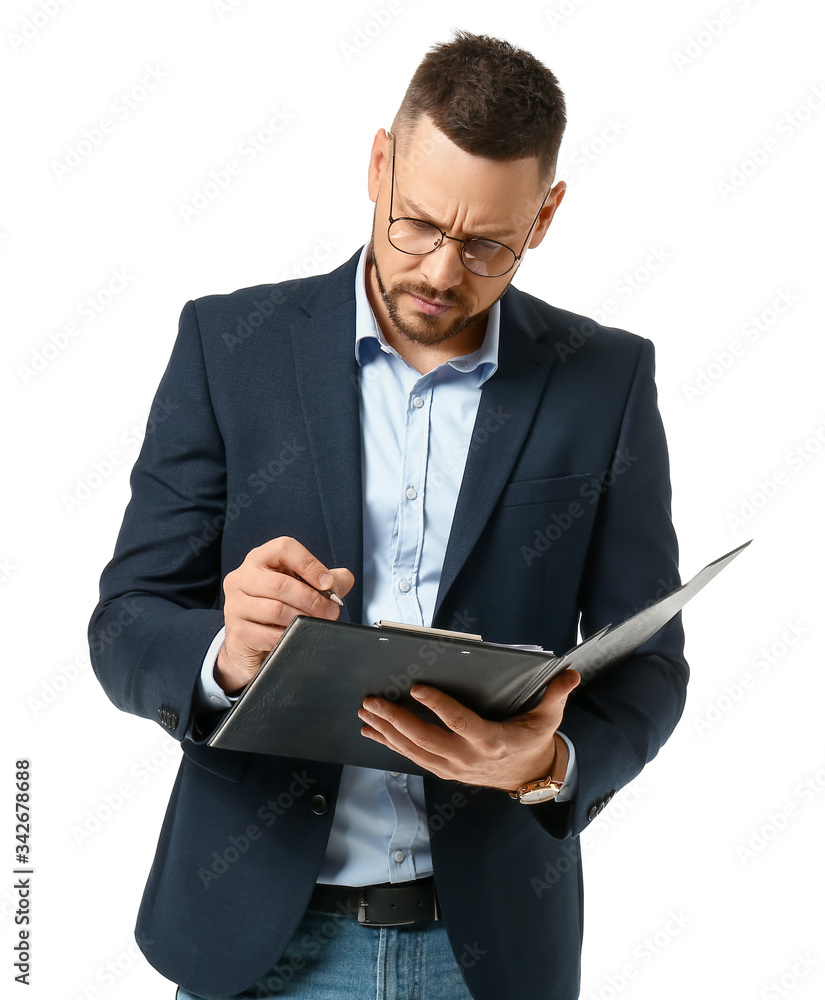 Portrait of handsome businessman with document on white background Portrait of handsome businessman with document on white background