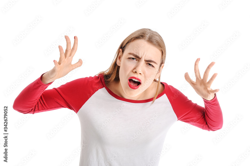Stressed young woman on white background Stressed young woman on white background