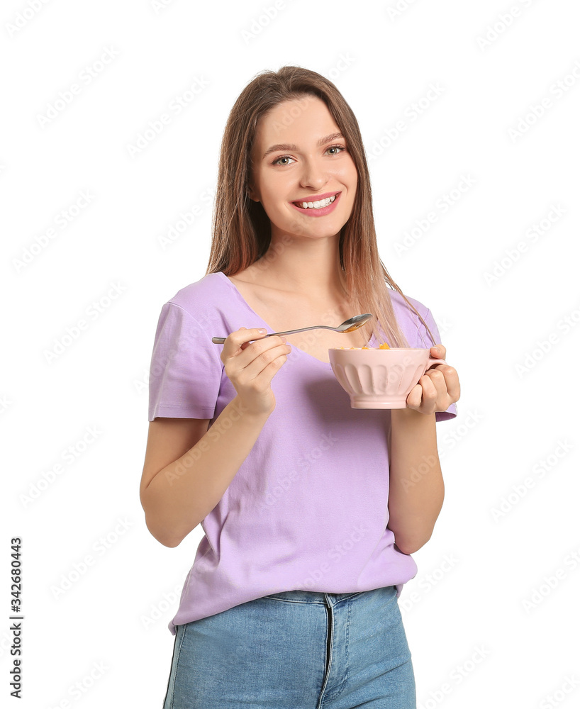 Young woman with tasty yogurt on white background Young woman with tasty yogurt on white background