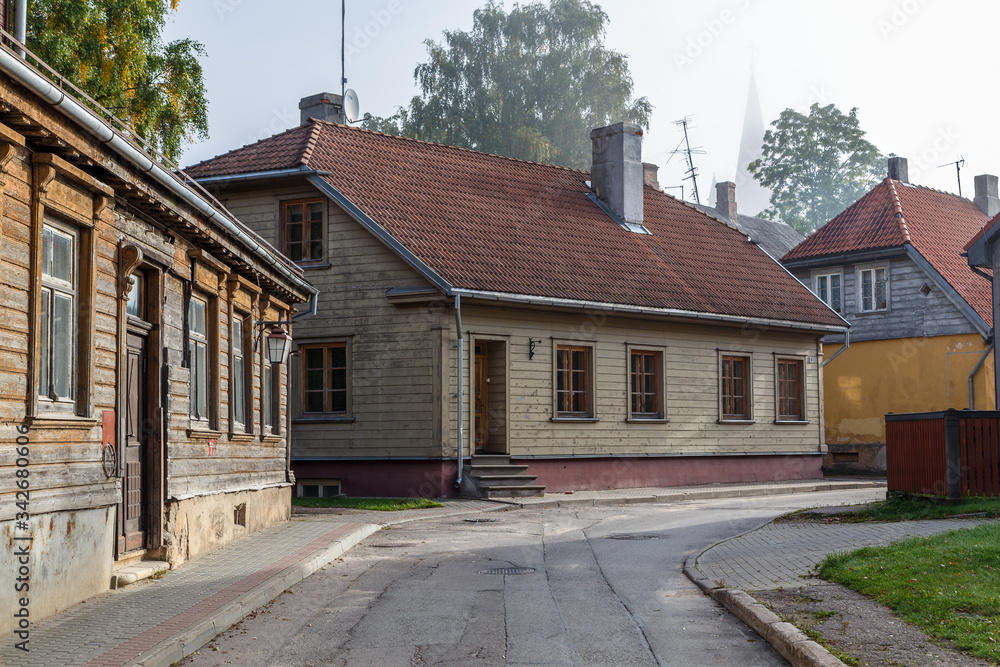 CESIS / LATVIA - SEPTEMBER 2015: Street with residential houses in the old town of Cesis, Latvia