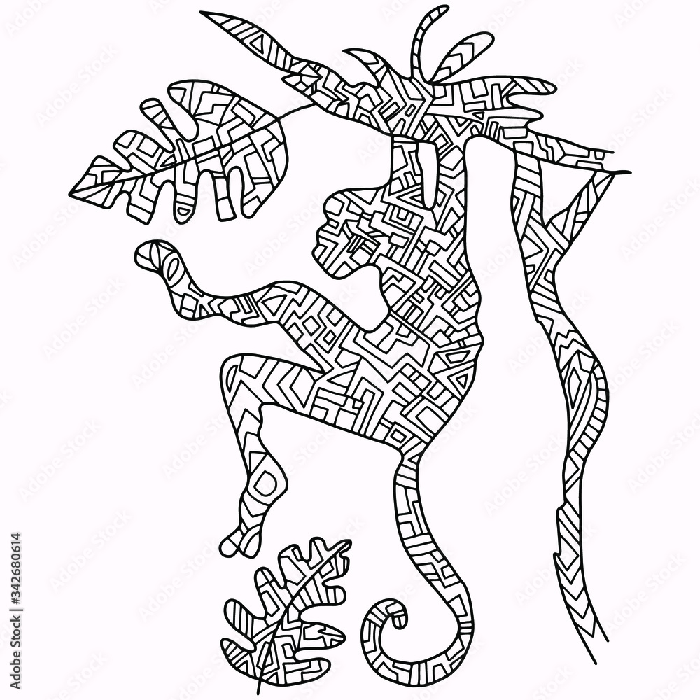 Fototapeta premium a monkey on a tree drawn with abstract geometric figures for coloring, vector