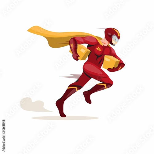 Courier express mascot hero, superhero courier running fast carrying package deliver to customer in cartoon flat illustration vector isolated in white background
