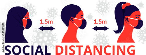 Social distancing. Young woman wearing disposable medical mask. Coronavirus protection and prevention. Self-isolation and quarantine vector illustration. Protect yourself from virus infection concept
