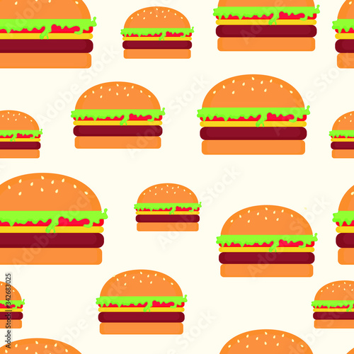 Beautiful seamless pattern with burgers in flat style on a beige background. Burger with meat, cheese, tomato and salad