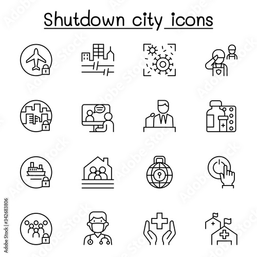 Set of Lock down city from virus crisis related vector line icons. contains such Icons as Shutdown city, state quarantine, flight cancellation, business closed, and more.