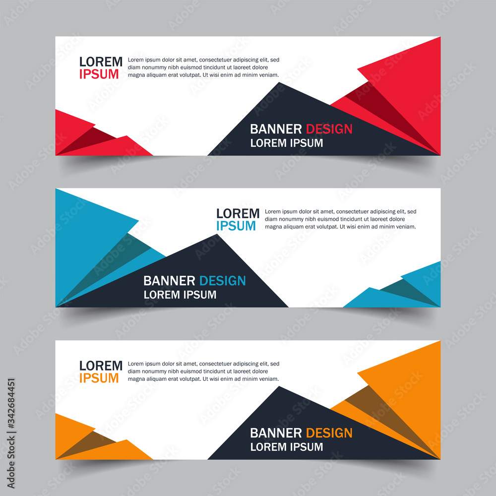 Corporate business banner template in blue, red and yellow color. Set of horizontal advertising business banner layout template flat design. Modern abstract cover header background for website design.