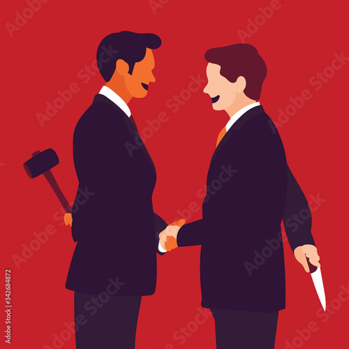 Two businessmen shake hands, but behind the scenes hidden the knife and hammer