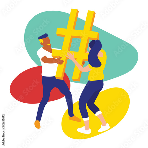 Hashtag big symbol with guys and women follow the trend