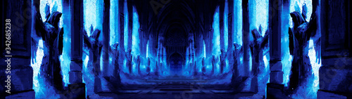 A dark night corridor assembled with many statues of angels along the wall, everything is lit by blue moonlight, at the end of the corridor is a massive door. 2d illustration