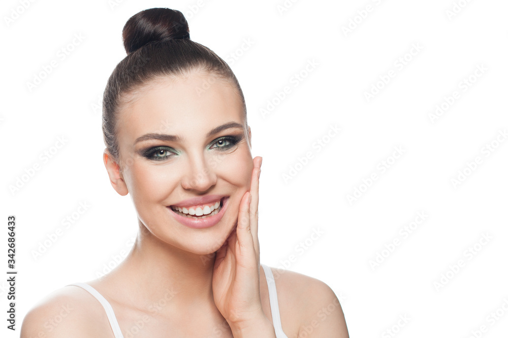 Happy woman spa model isolated on white background, beautiful face closeup Happy woman spa model isolated on white background, beautiful face closeup