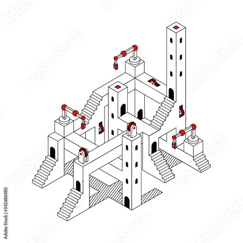 Isometric 2d illustration of a maze tower with doors and stairs, a mechanical hand and gears, in red and black colors