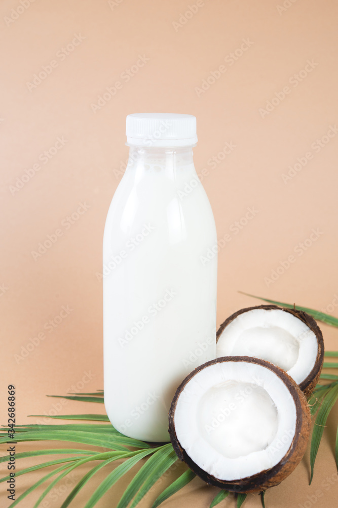 Vegan coconut milk in a bottle. Vegan drink