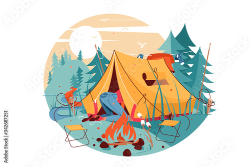 Attractive woman searching in hike tent near bonfire.