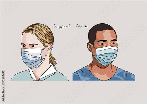 Vector Illustration of Doctor and Nurse wearing Surgical Mask / Face Mask / Medical Mask