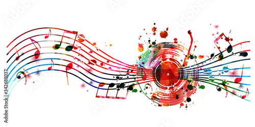 Colorful music background with music notes and vinyl record disc isolated vector illustration design. Artistic music festival poster, events, party flyer, music notes signs and symbols