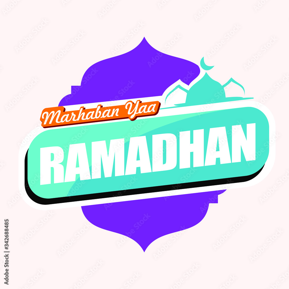 Cheerful color of Ramadhan greeting card with simple typography and silhouette of mosque as background