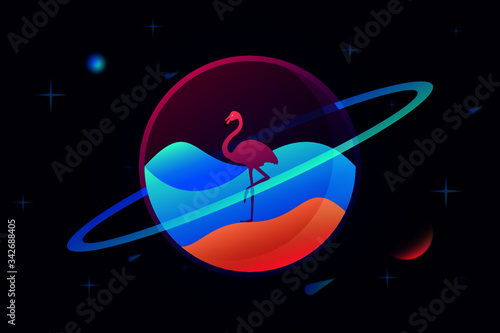 Ein Flamingo in einer Glaskugel im Weltall