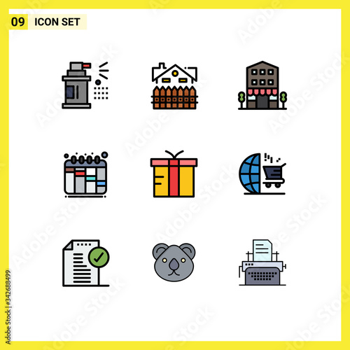 Set of 9 Modern UI Icons Symbols Signs for box, planning, house, iteration, shop front photo