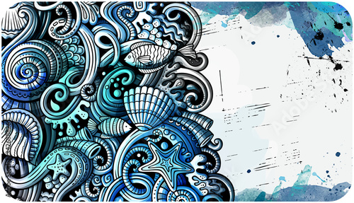 Sea life hand drawn doodle banner. Cartoon detailed flyer.