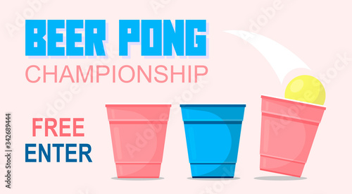 Beer pong tournament vector poster. Beer pong vector illustration.Beer Pong poster or banner with red plastic cup and ball.