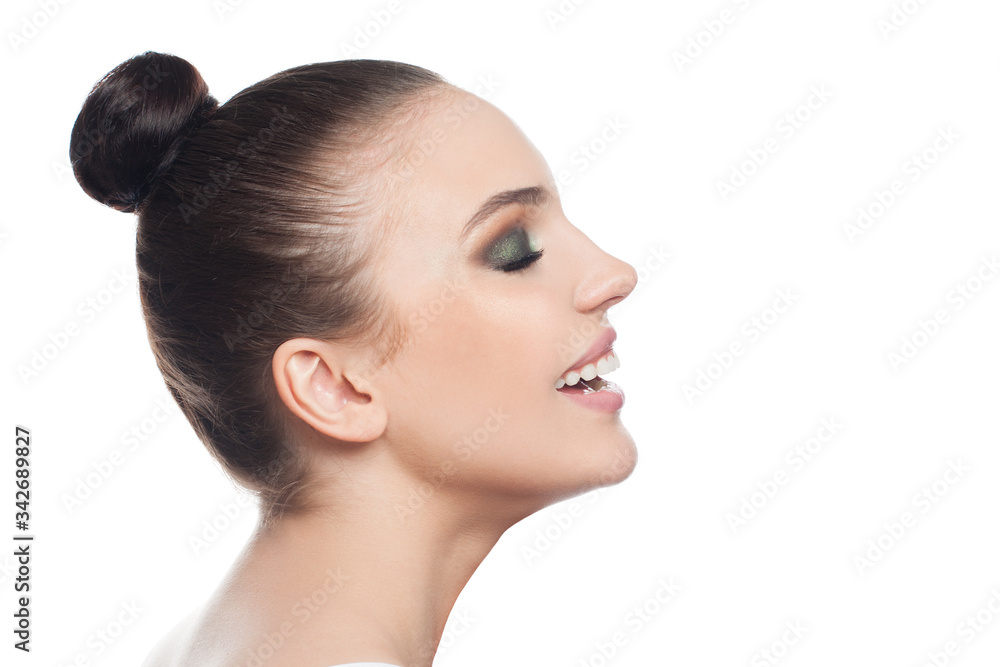 Beautiful perfect woman spa model smiling isolated on white background. Beautiful face, profile Beautiful perfect woman spa model smiling isolated on white background. Beautiful face, profile