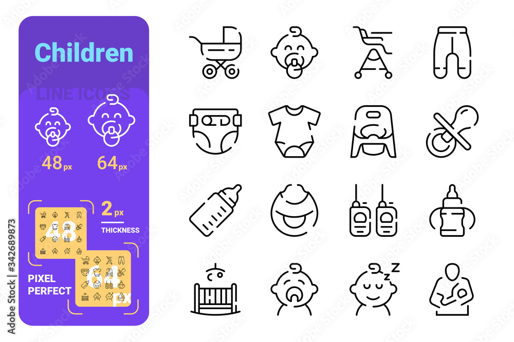 Fototapeta premium Set children simple lines icons of kid equipment.