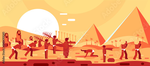 Construction of Egyptian pyramids. Slaves move blocks for building. Vector illustration