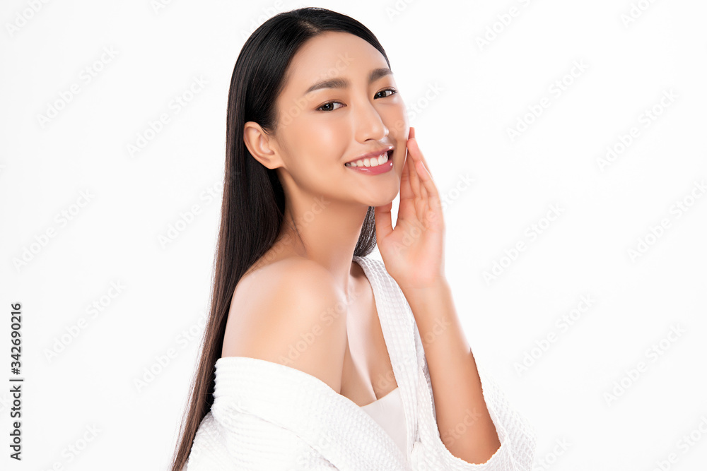 Beautiful Young Asian Woman with Clean Fresh Skin. Face care, Facial treatment, Cosmetology, beauty and healthy skin and cosmetic concept, woman beauty skin isolated on white background Beautiful Young Asian Woman with Clean Fresh Skin. Face care, Facial treatment, Cosmetology, beauty and healthy skin and cosmetic concept, woman beauty skin isolated on white background