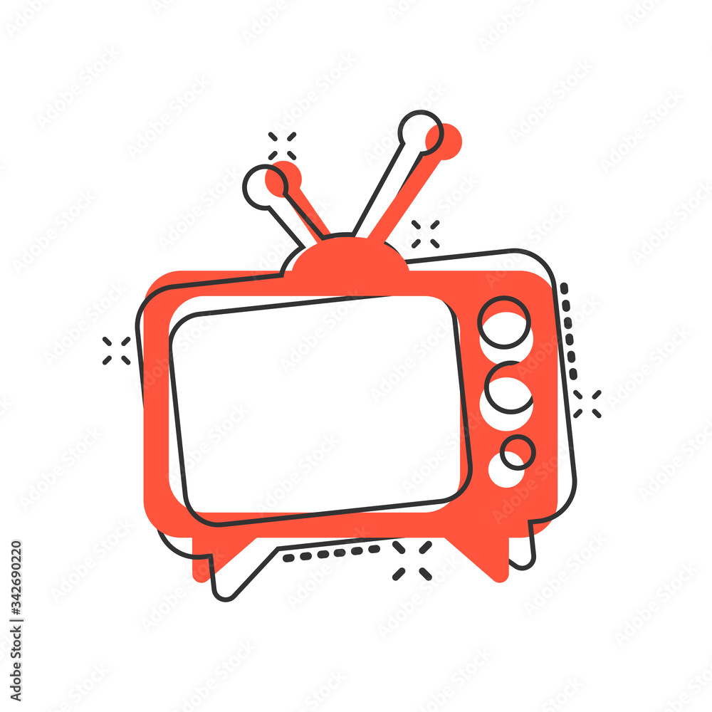 Tv icon in comic style. Television cartoon sign vector illustration on white isolated background. Video channel splash effect business concept.